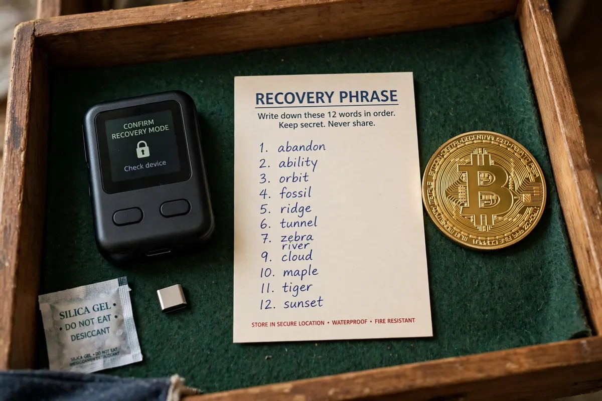 A hardware wallet device and a paper recovery phrase card stored safely in a home drawer next to a gold Bitcoin coin