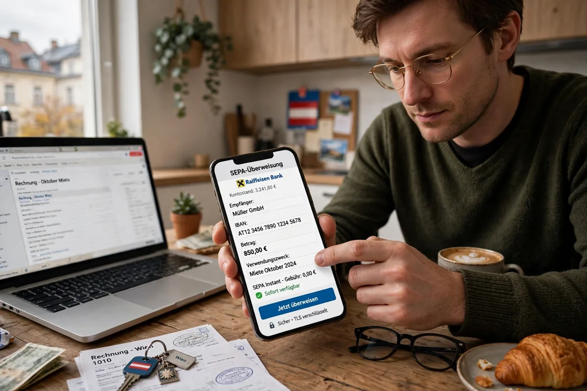 A person in Austria making a SEPA bank transfer in euros on a smartphone banking app at a kitchen table, with a laptop nearby
