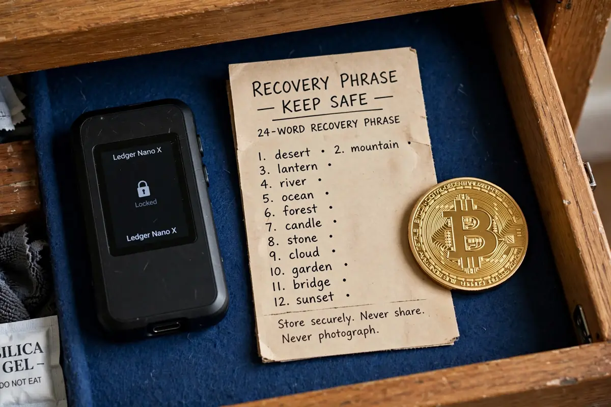 A hardware wallet device and a paper recovery phrase card stored safely in a home drawer next to a gold Bitcoin coin
