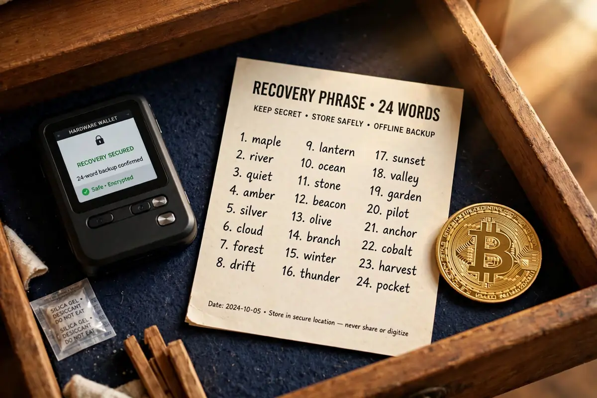 A hardware wallet device and a paper recovery phrase card stored safely in a drawer at home next to a gold Bitcoin coin