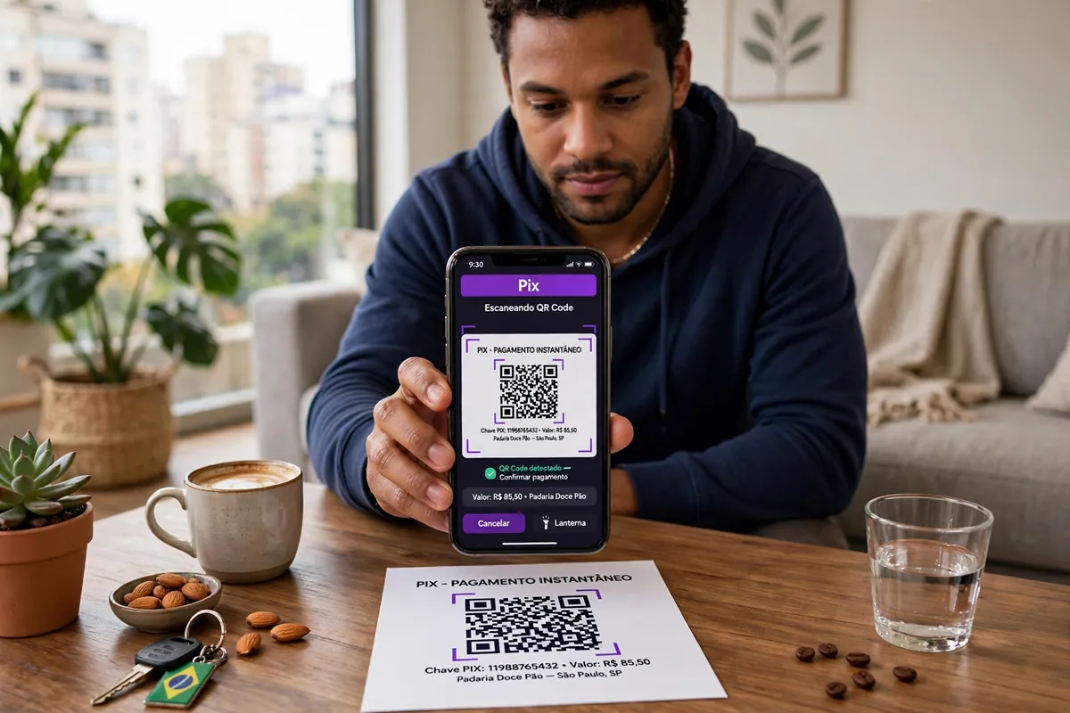A person in Brazil scanning a QR code on a smartphone to make an instant Pix payment at home