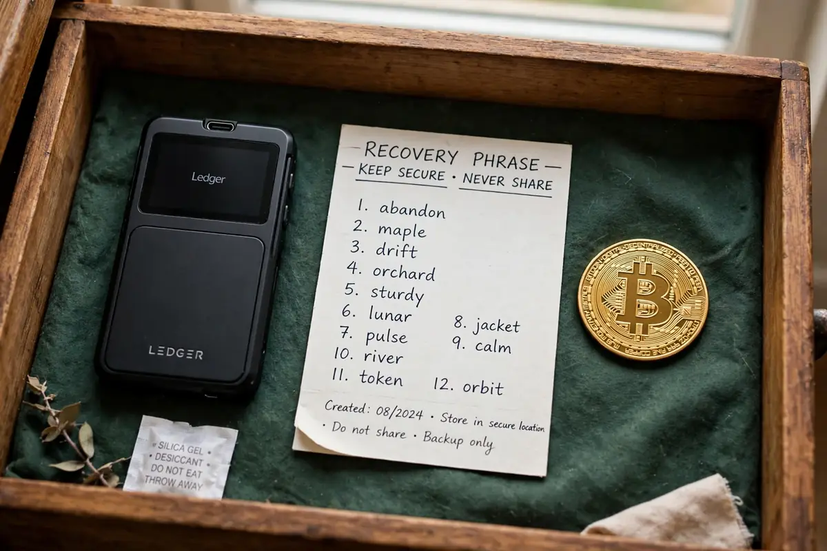 A hardware wallet device and a paper recovery phrase card stored safely in a drawer at home next to a gold Bitcoin coin
