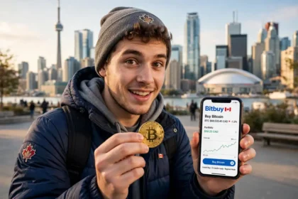 A Canadian beginner in Toronto holding a smartphone with a Bitcoin buying app and a gold Bitcoin coin, city skyline behind