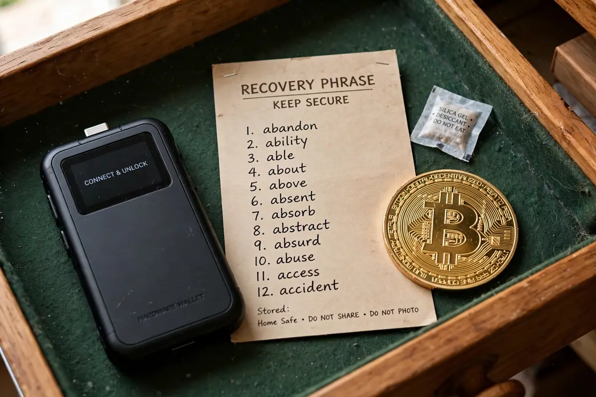 A hardware wallet device and a paper recovery phrase card stored safely in a drawer at home next to a gold Bitcoin coin