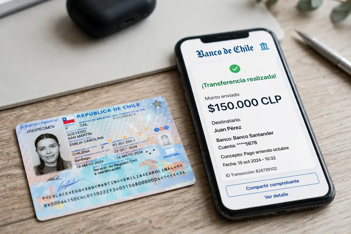 A Chilean identity card sits next to a smartphone showing a peso bank transfer.