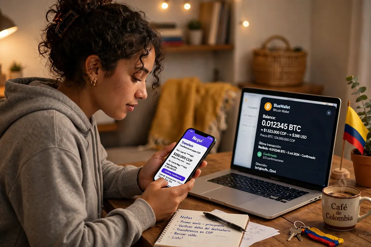 A Colombian beginner sends a bank transfer in pesos on a smartphone banking app at home.