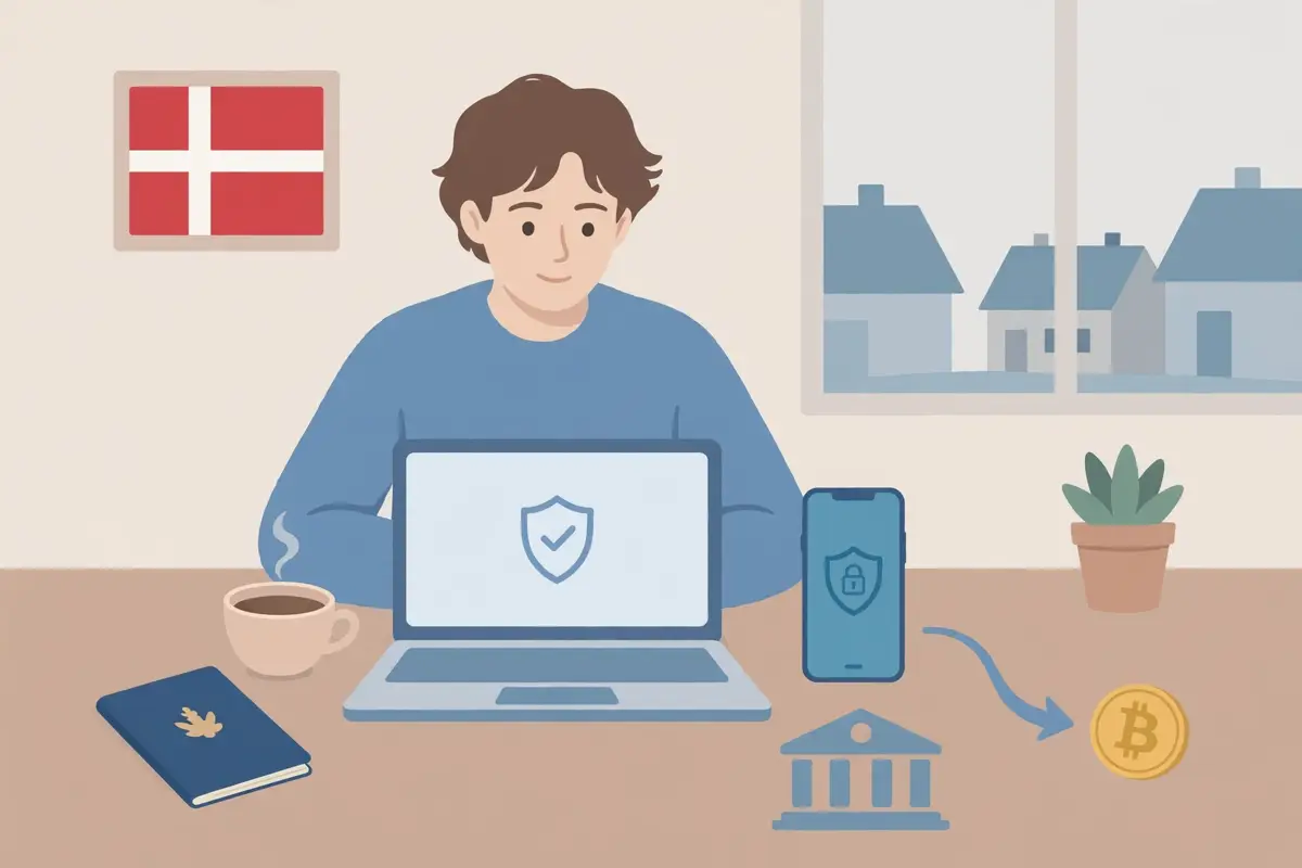 Illustration of a person verifying identity with a passport and phone before sending a bank transfer to buy Bitcoin