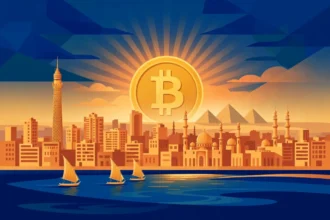 Cairo skyline at golden hour with the Nile in front, the pyramids on the horizon, and a large golden Bitcoin coin rising behind the city