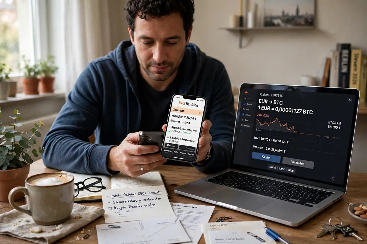 A man in Germany checking his banking app on a smartphone at a desk, with a laptop showing a euro to Bitcoin exchange next to him
