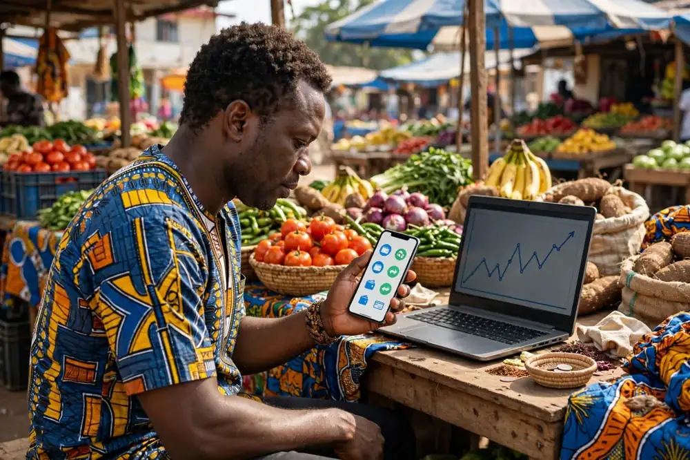 A person in Ghana using a smartphone mobile money app at a market stall with a laptop showing a simple Bitcoin chart