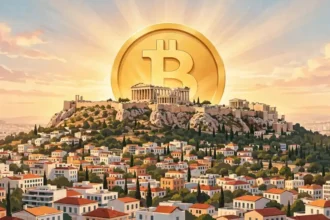 Athens skyline at sunrise with the Acropolis and Parthenon, and a large golden Bitcoin coin rising behind the hill