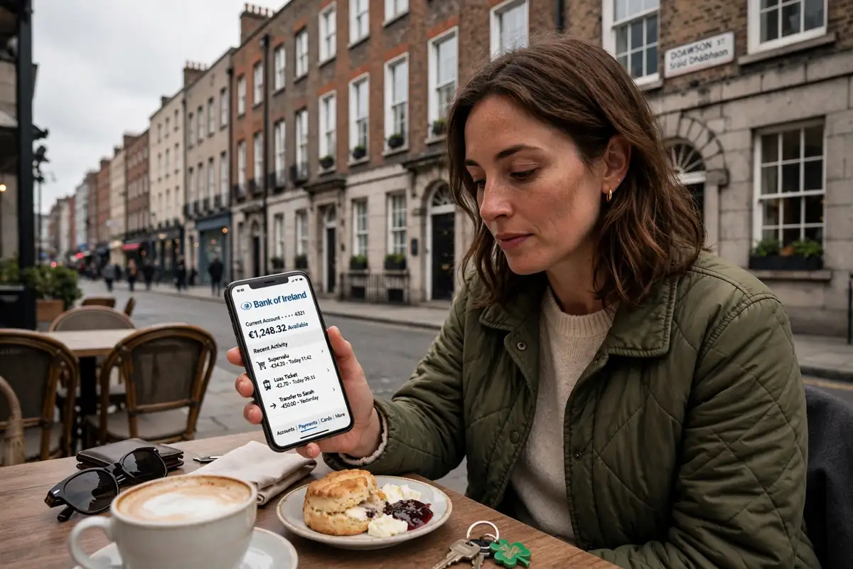 A person in Ireland using a smartphone banking app at a cafe table in Dublin with Georgian buildings in the background