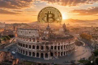 Rome skyline at sunrise with the Colosseum and a large golden Bitcoin coin rising behind the city