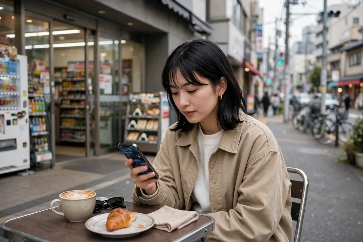 A person in Tokyo using a smartphone banking app at a cafe table with a city street in the background