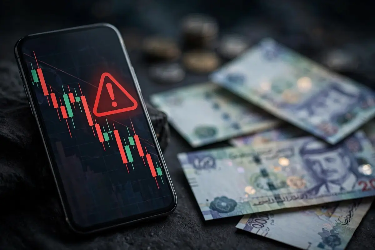 A phone showing a falling crypto chart with a warning sign, beside Kuwaiti dinar notes in soft focus