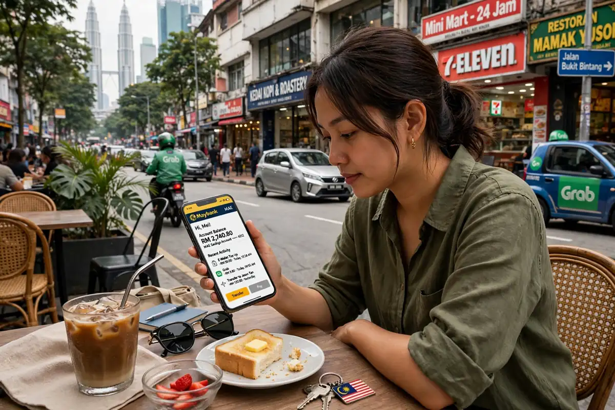 A person in Kuala Lumpur using a smartphone banking app at a cafe table with a city street in the background