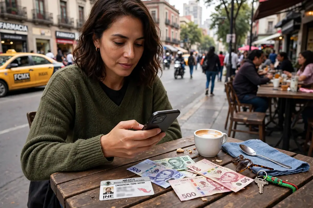 A woman at a cafe table in Mexico City using a smartphone, with Mexican peso banknotes and an INE voter card beside her coffee