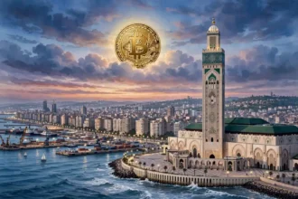 Casablanca coastline at dusk with the Hassan II Mosque minaret and a large golden Bitcoin coin in the sky above the city