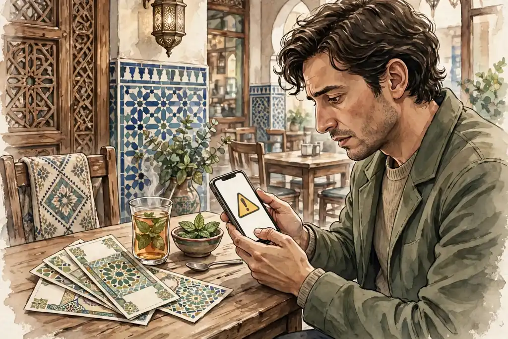 A person in a Moroccan cafe looking at a smartphone that shows a warning sign, with Moroccan dirham banknotes on the table beside a glass of mint tea