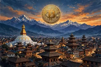 Kathmandu skyline at dusk with Himalayan peaks behind the city and a large golden Bitcoin coin in the sky