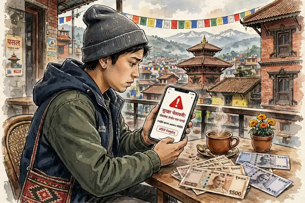 A person in Kathmandu looking at a smartphone that shows a red warning sign, with Nepali rupee banknotes on the table