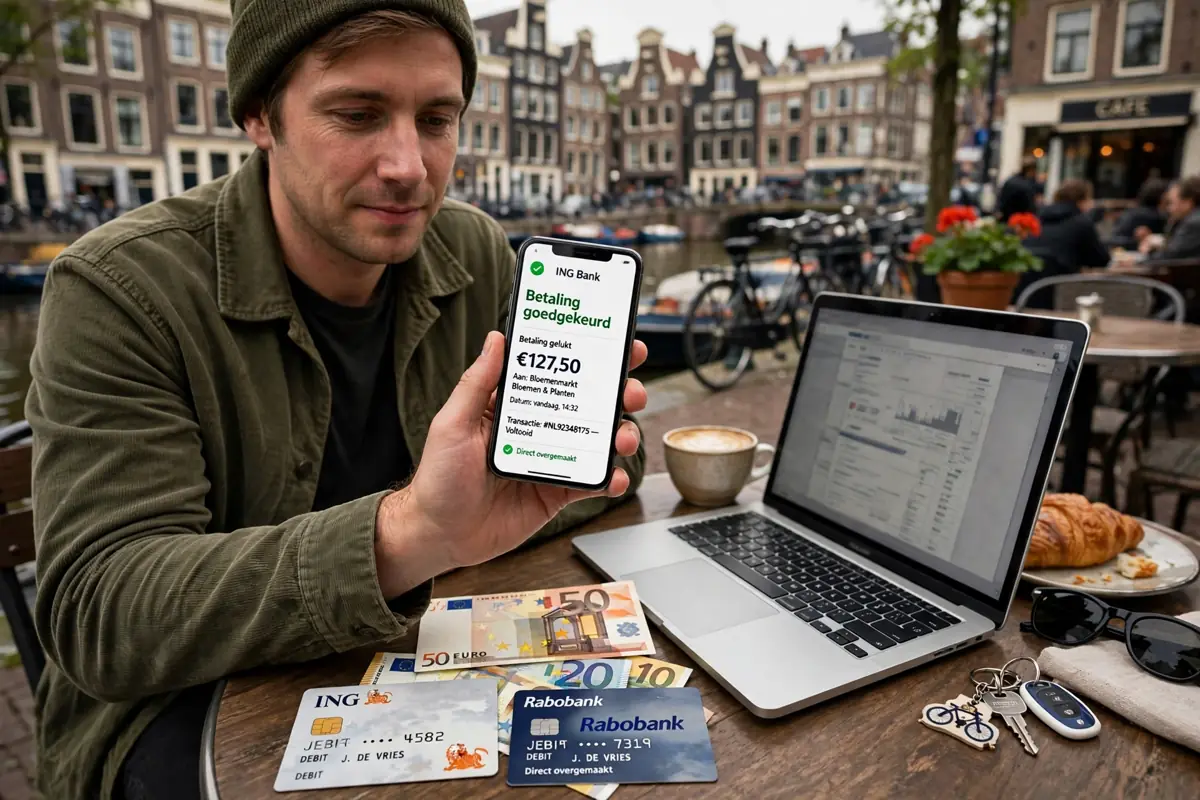A person in Amsterdam approving a bank payment on a smartphone, with Dutch bank cards and euro notes on the table