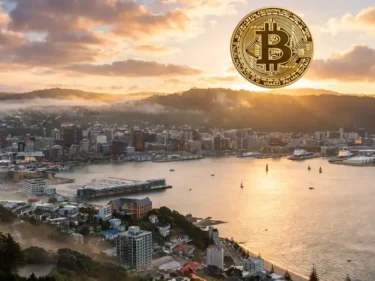 Wellington harbour and city skyline at sunrise with a large golden Bitcoin coin in the sky above the harbour