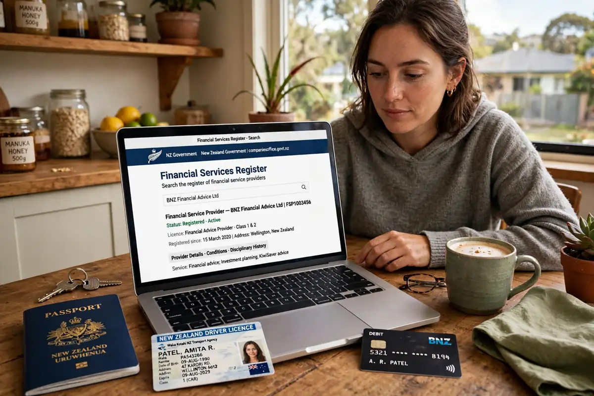 A person checking a financial services register on a laptop, with a passport, driver licence and bank card on the table