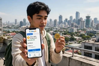 A young Filipino beginner in Manila holding a smartphone with a Bitcoin buying app and a gold Bitcoin coin, Manila skyline behind