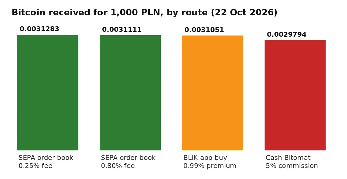 Bar chart comparing how much Bitcoin a 1,000 zloty buy delivers on four routes in Poland, from a SEPA order book down to a cash Bitomat