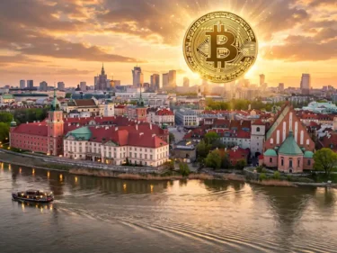 Warsaw old town skyline at golden hour with the Vistula river in front and a large golden Bitcoin coin in the sky
