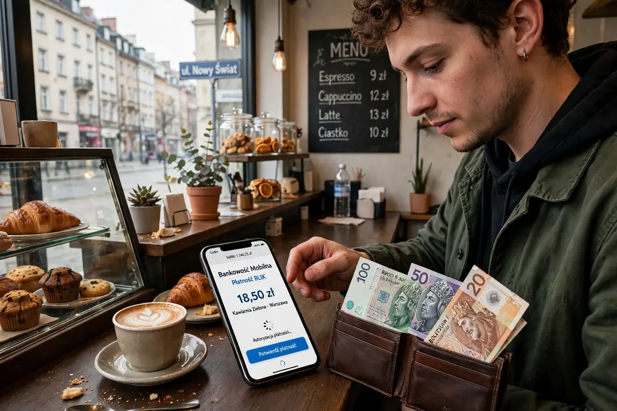 A person in Warsaw paying with a smartphone mobile banking app at a cafe counter, with Polish zloty banknotes in a wallet beside the phone