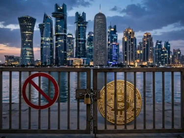 The Doha skyline at dusk with a golden Bitcoin coin behind a closed bank gate and a prohibition sign