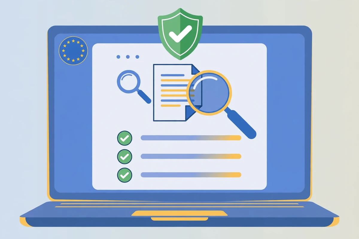 Illustration of a laptop showing a license verification checklist with a shield checkmark and the EU stars symbol