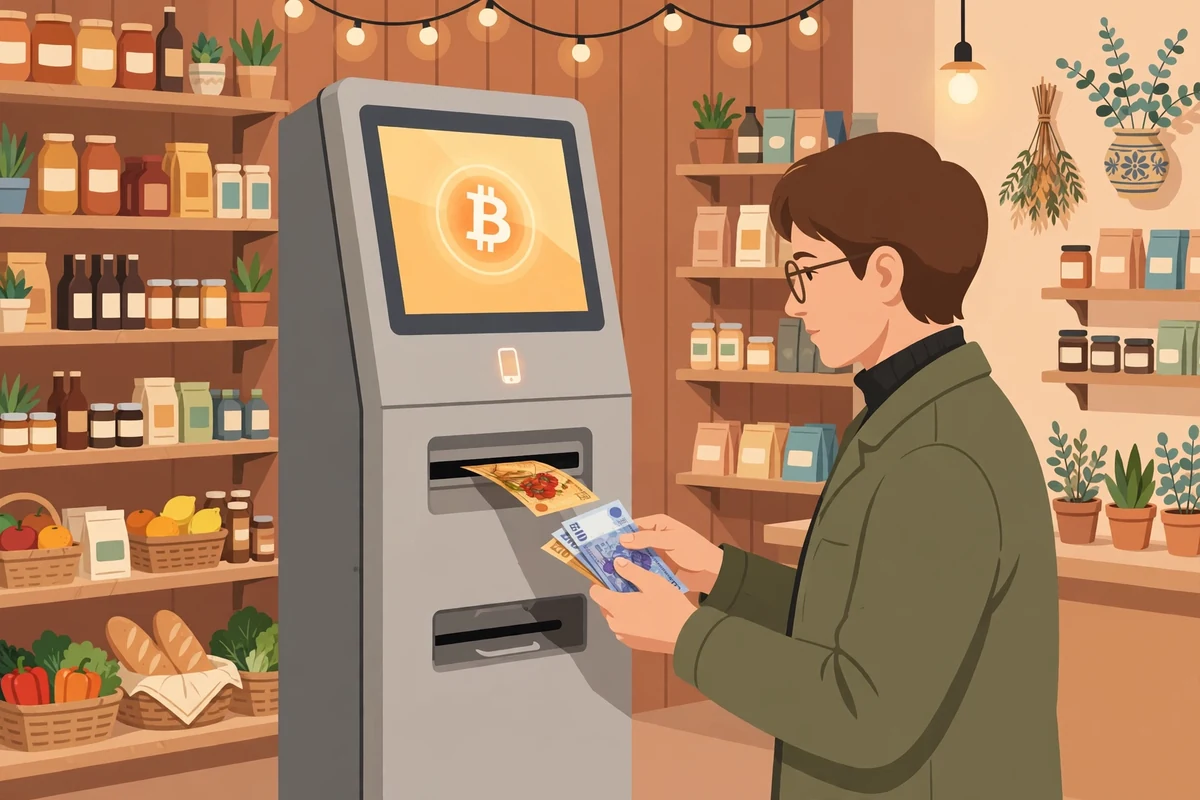 Illustration of a person inserting cash into a self-service payment terminal with a Bitcoin symbol on its screen