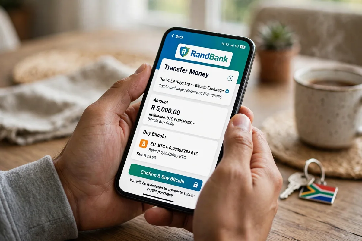 A person in South Africa doing a rand bank transfer on a smartphone banking app to buy Bitcoin