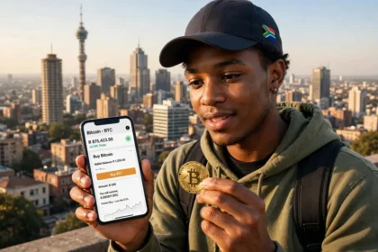 A young South African beginner in Johannesburg holding a smartphone with a Bitcoin buying app and a gold Bitcoin coin, city skyline behind