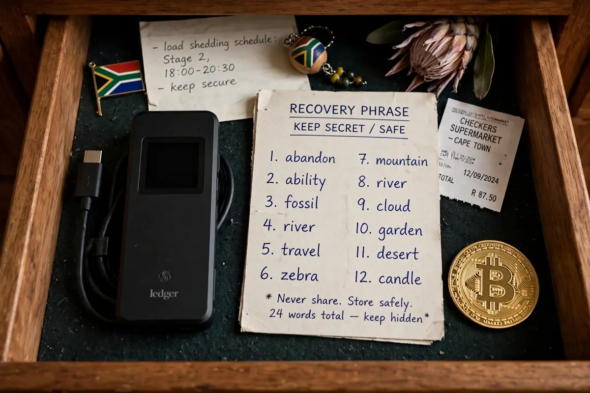 A hardware wallet and a paper recovery phrase card stored safely in a drawer at home next to a gold Bitcoin coin