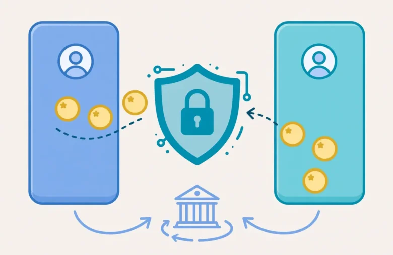Two phones exchanging digital coins with a shield lock between them for a peer to peer trade
