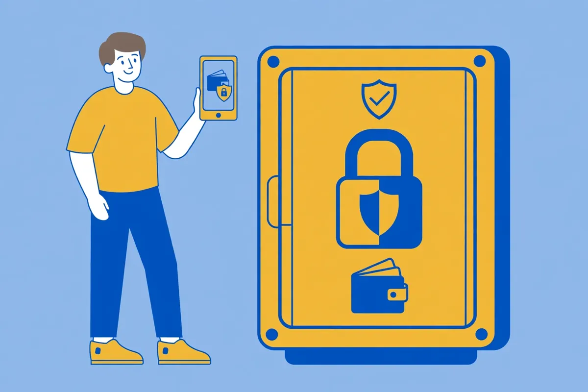 Illustration of a person holding a phone with a secure wallet icon next to a large yellow safe with a padlock and shield