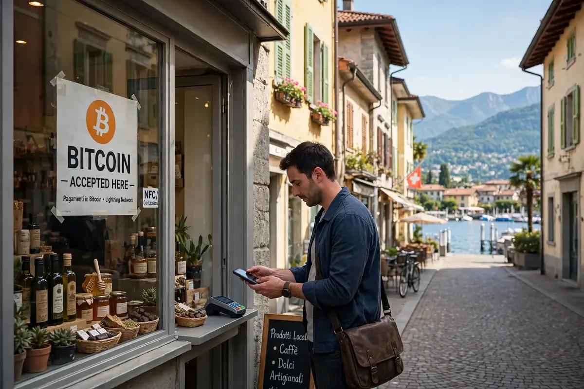 A lakeside street in Lugano, Switzerland, with a shop showing a Bitcoin accepted payment sign