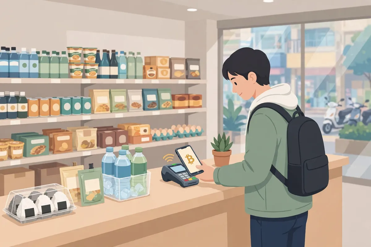 A person paying with a smartphone at a convenience store counter