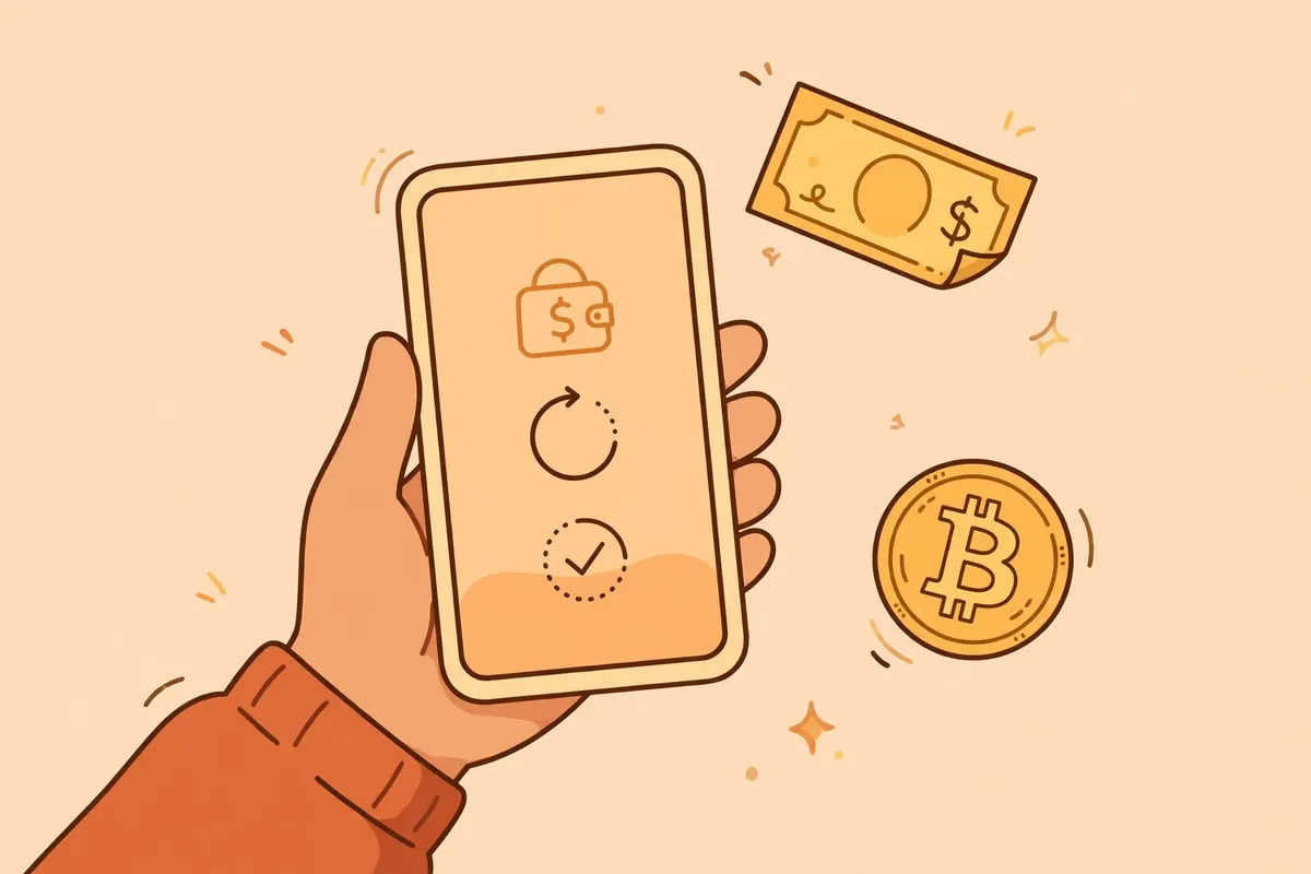 A hand holding a smartphone sending a mobile money payment, with a Bitcoin coin nearby