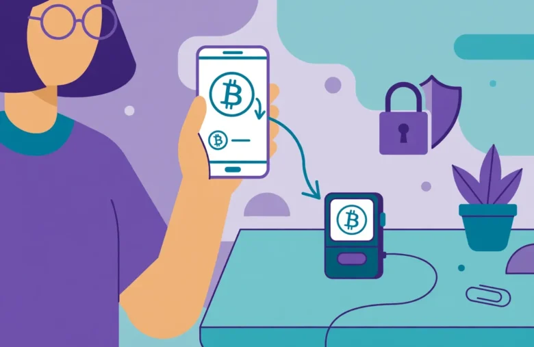 A person moving Bitcoin from an exchange app on a phone into a hardware wallet on a desk beside a padlock.