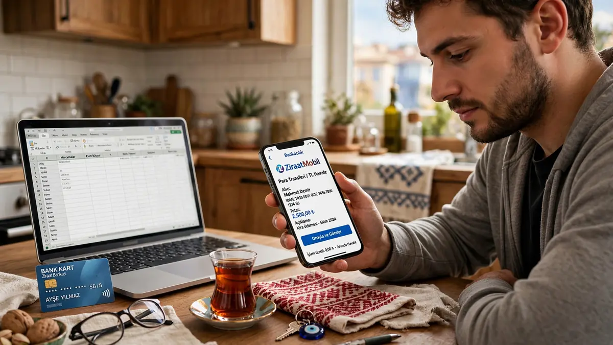 A person in Turkey making a Turkish lira bank transfer on a smartphone banking app at a kitchen table, with a laptop and bank card beside them