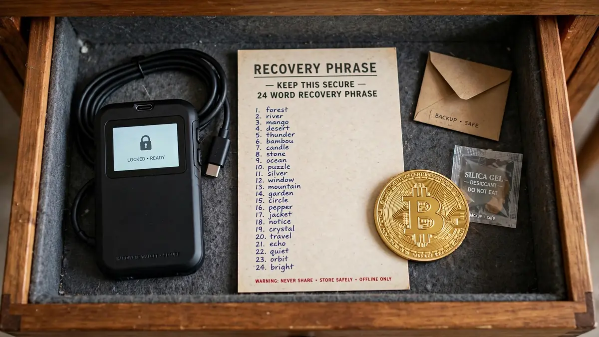 A hardware wallet device and a paper recovery phrase card stored safely in a home drawer next to a gold Bitcoin coin