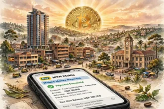 Kampala skyline at sunrise with a large golden Bitcoin coin rising behind the city and a smartphone showing a mobile money payment