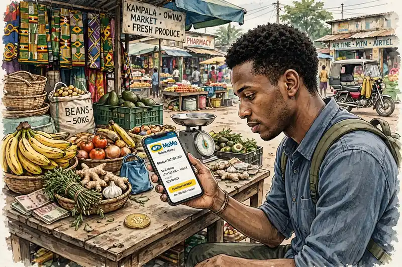 A person in Kampala using a smartphone mobile money app at a market stall with a gold Bitcoin coin beside the phone