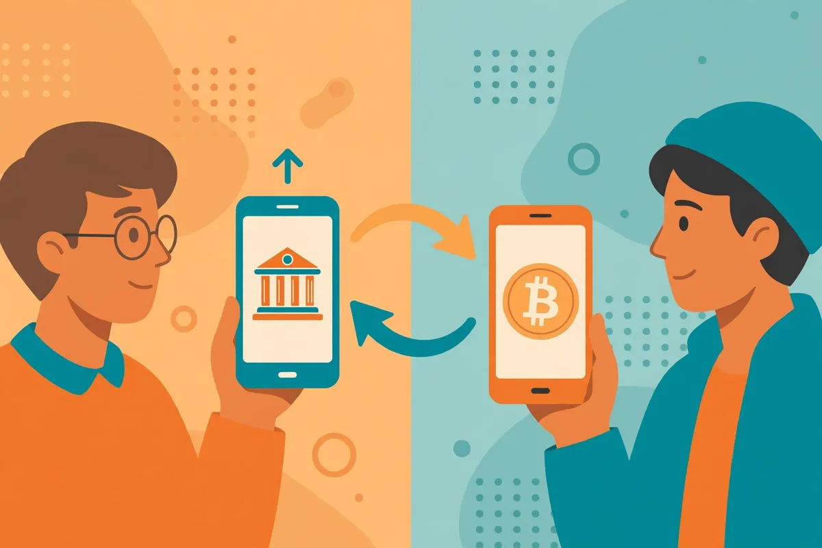 Two smartphones exchanging a bank payment and a bitcoin coin between a buyer and a seller