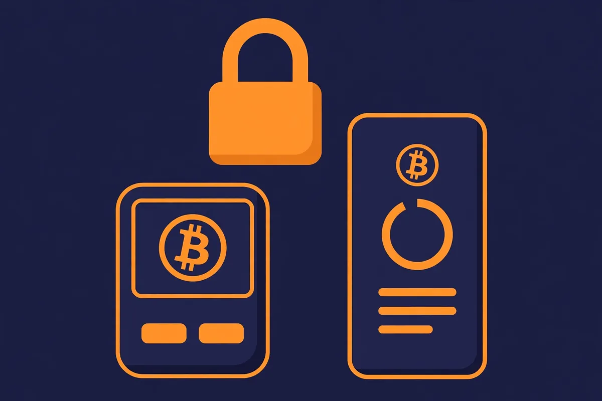 A hardware wallet beside a smartphone showing a bitcoin balance with a padlock above them